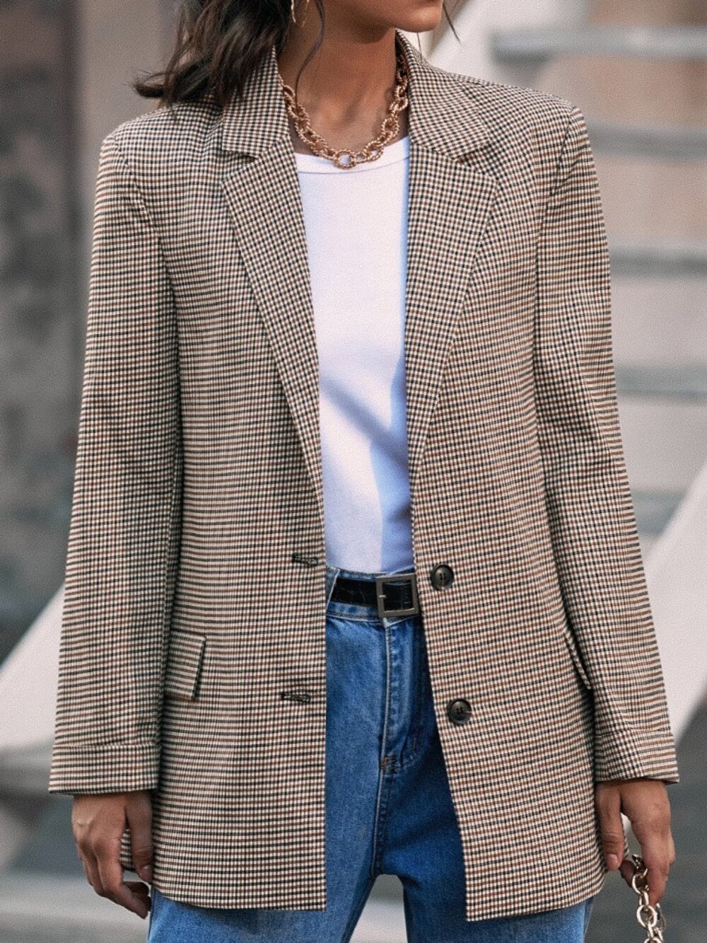 Multicolor Elegant Women's Plaid Lapel Collar Flap Blazer - Picture 3 of 5
